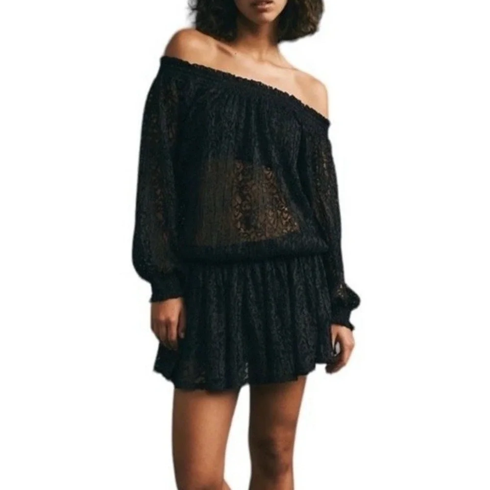 Free People Mini Dress Small Black Lace Sheer Off Shoulder Dropped Waist Boho